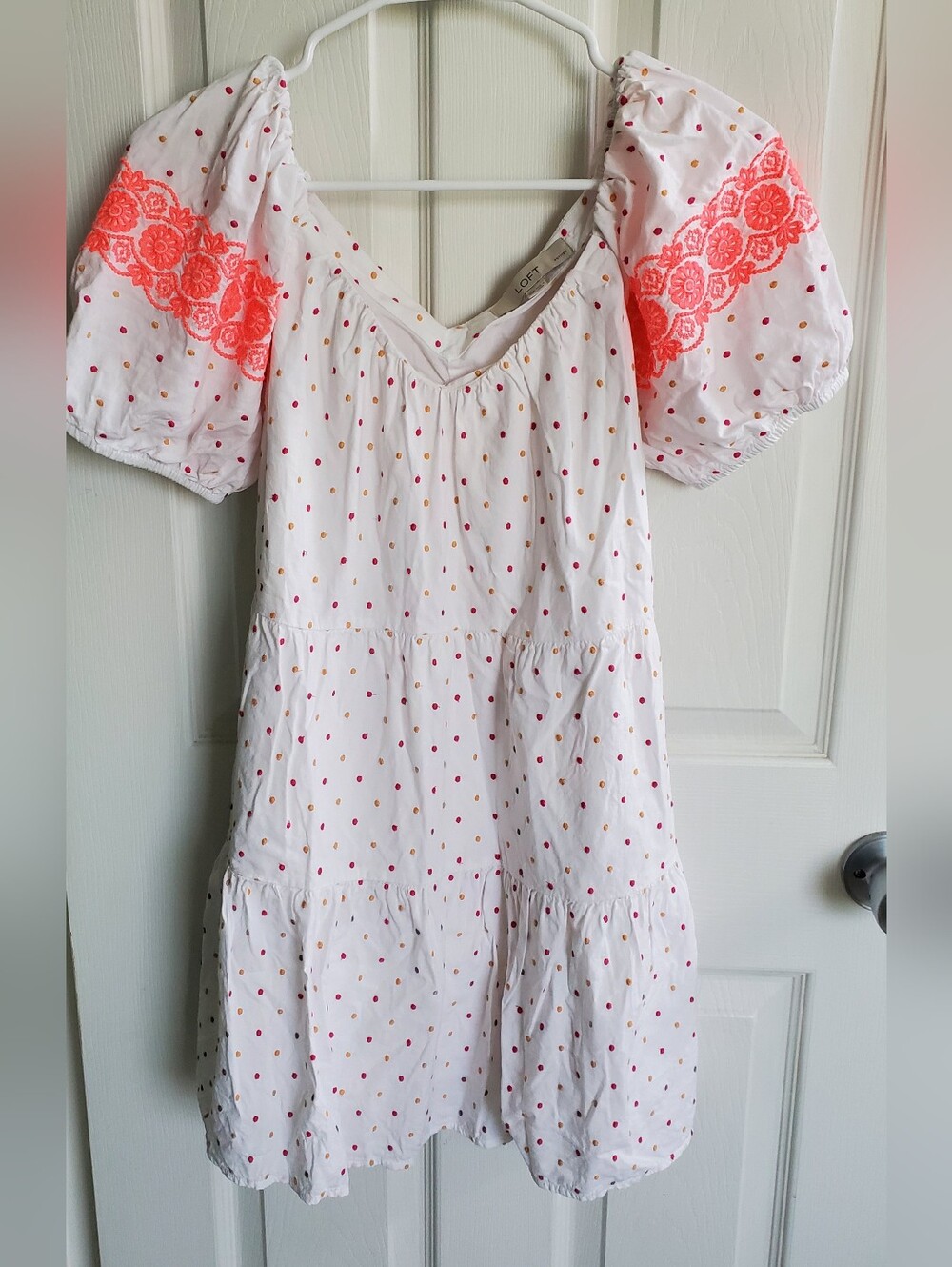 Loft Embroidered Puff Sleeve Polka Dot Tiered Babydoll Dress Sz XSP Cottagecore